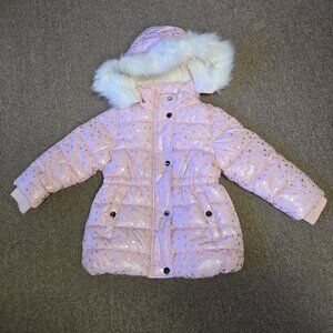 Members Mark Faux Fur Hooded Puffer Jacket Stars Pink Removable Hood Size 3T